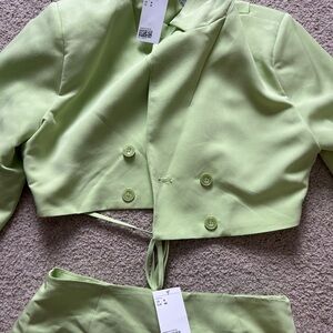 Light Green Cropped Blazer and Skirt Set